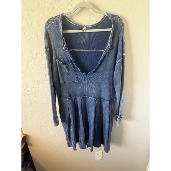 Free People Blue Jean Baby Dress Womens L Casual Ribbed LongSleeve Chic Boho - Picture 1 of 4